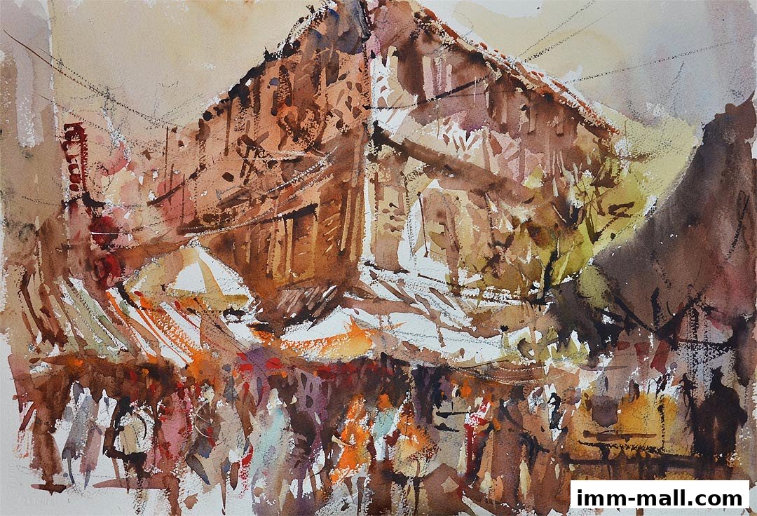 A watercolor painting depicting a bustling marketplace with many people and stalls.