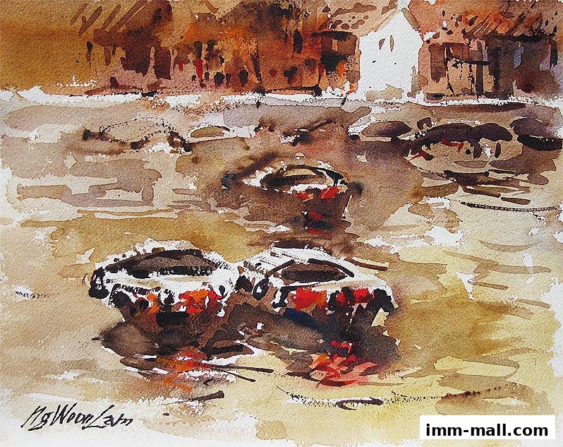 A watercolor painting depicts boats in water with buildings in the background.