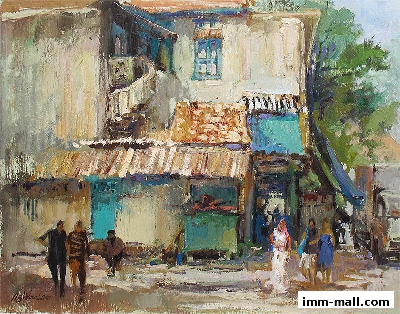 An impressionistic painting of a bustling street scene with figures in front of a building.