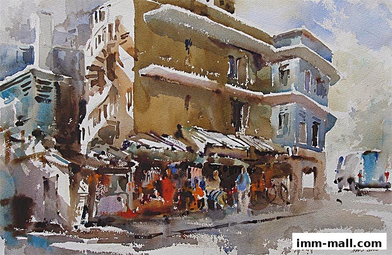 Watercolor painting of a bustling street scene with shops and people.