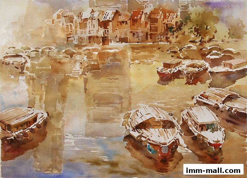A watercolor painting depicts a serene river scene with traditional boats docked near old buildings.