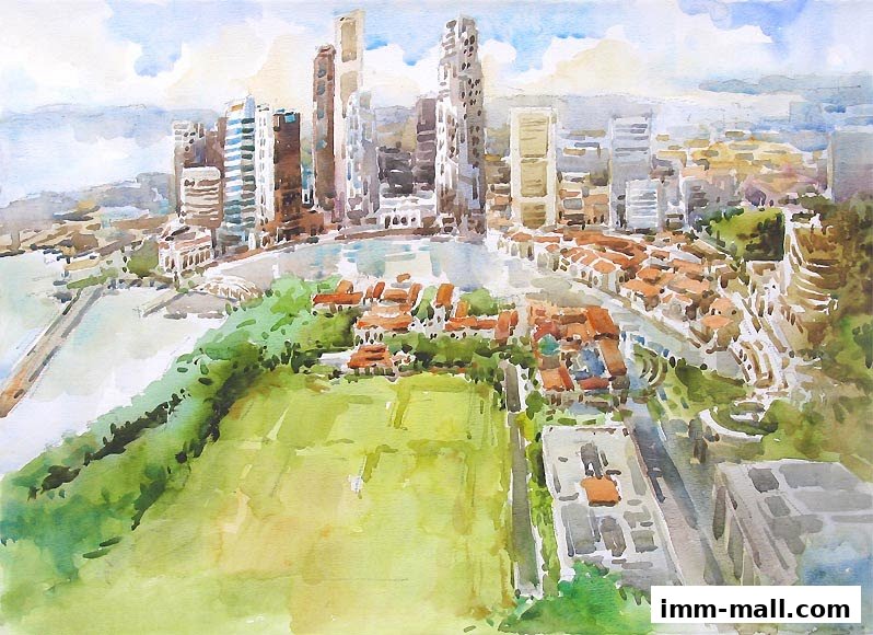 A watercolor painting depicts a cityscape with modern skyscrapers and traditional buildings.