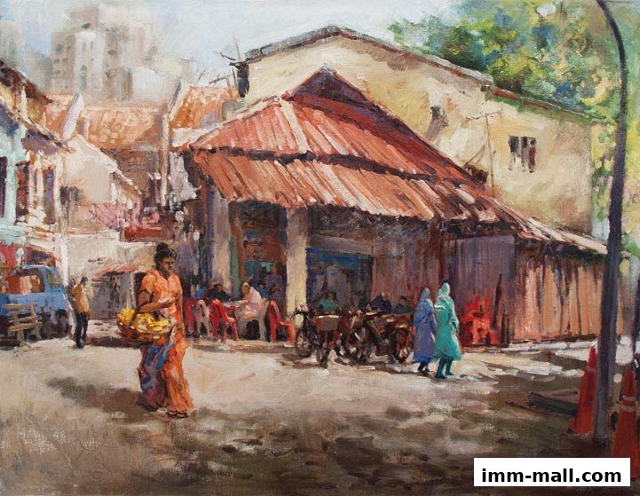 A vibrant oil painting depicts a bustling street scene with a woman carrying a basket of fruit.