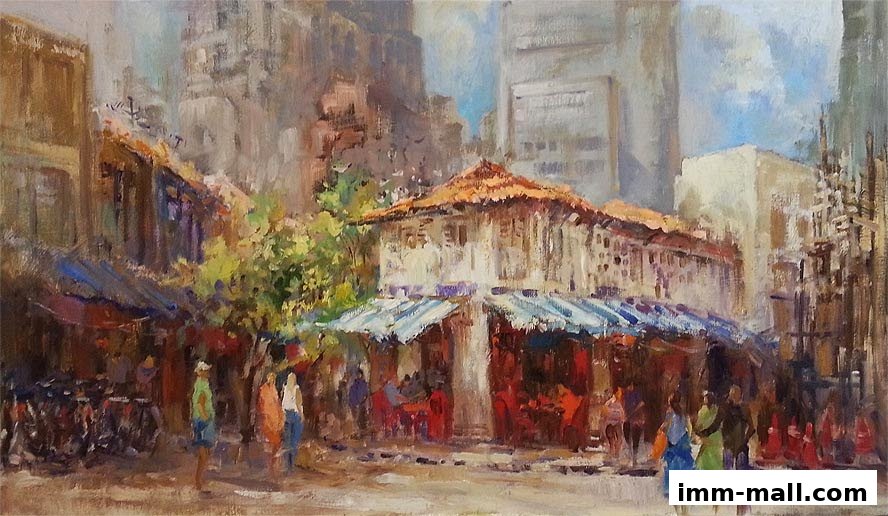 An impressionistic painting of a bustling street scene with traditional buildings and modern skyscrapers.