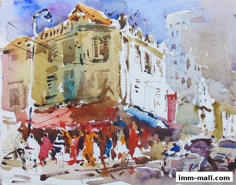 A watercolor painting depicts a bustling street scene with a building and people.