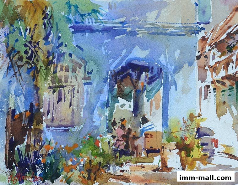 A watercolor painting depicts a vibrant courtyard with lush greenery and an arched entrance.