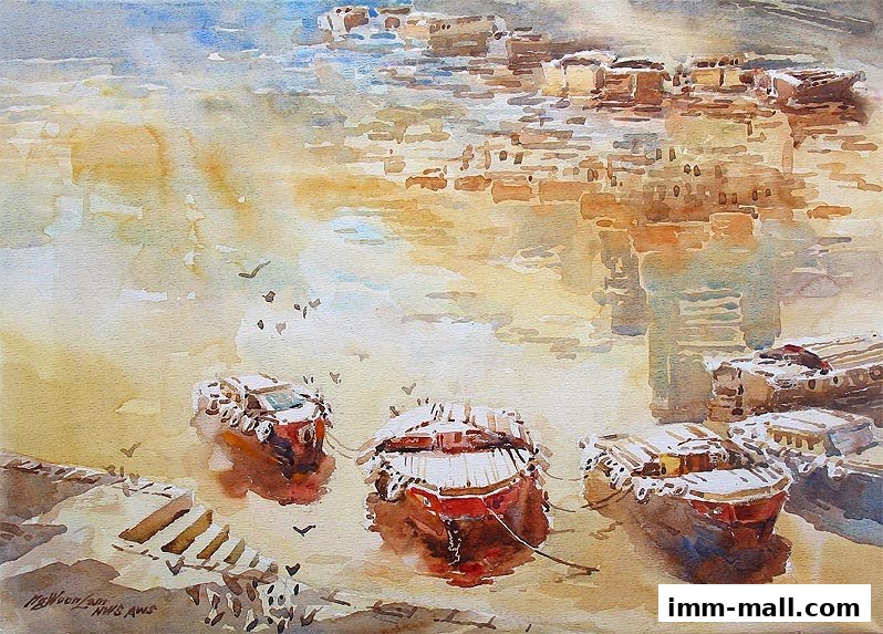 Watercolor painting of boats docked in a harbor with buildings in the background.