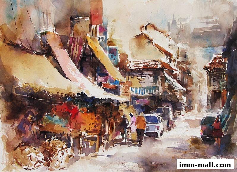 A watercolor painting depicting a bustling street scene with market stalls and people.