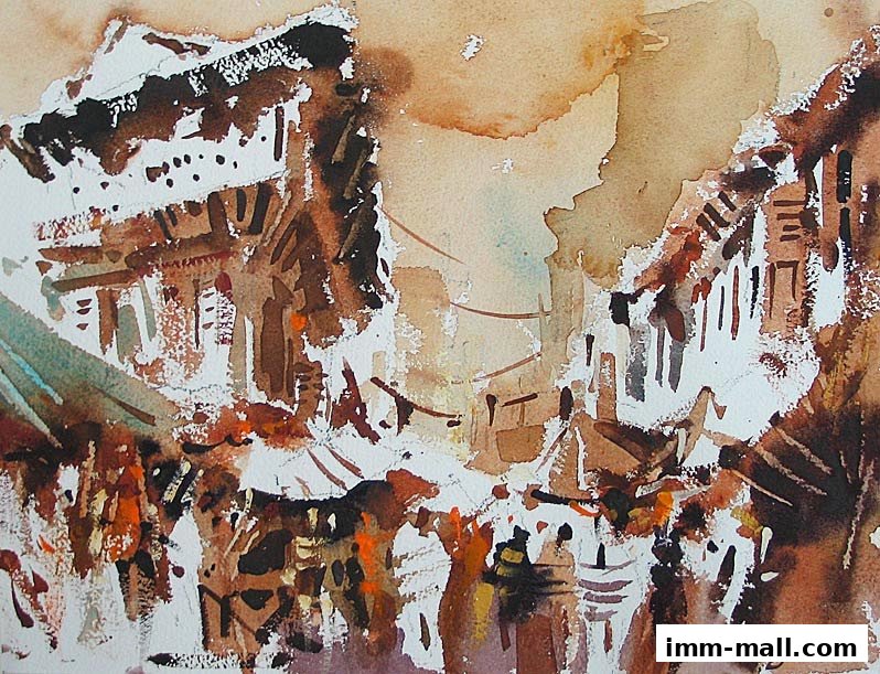 A watercolor painting depicts a bustling street scene with market stalls and figures.