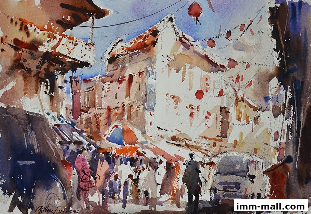 A watercolor painting of a bustling street scene with people, stalls, and buildings adorned with lanterns.