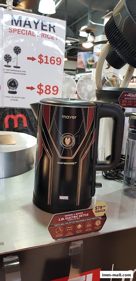 A Marvel-themed electric kettle with Iron Man design is displayed with special pricing for fans.