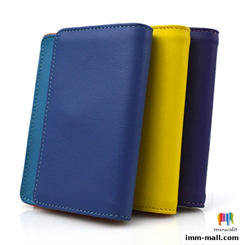 Three colorful leather wallets in blue, yellow, and purple, with the Mywalit logo.