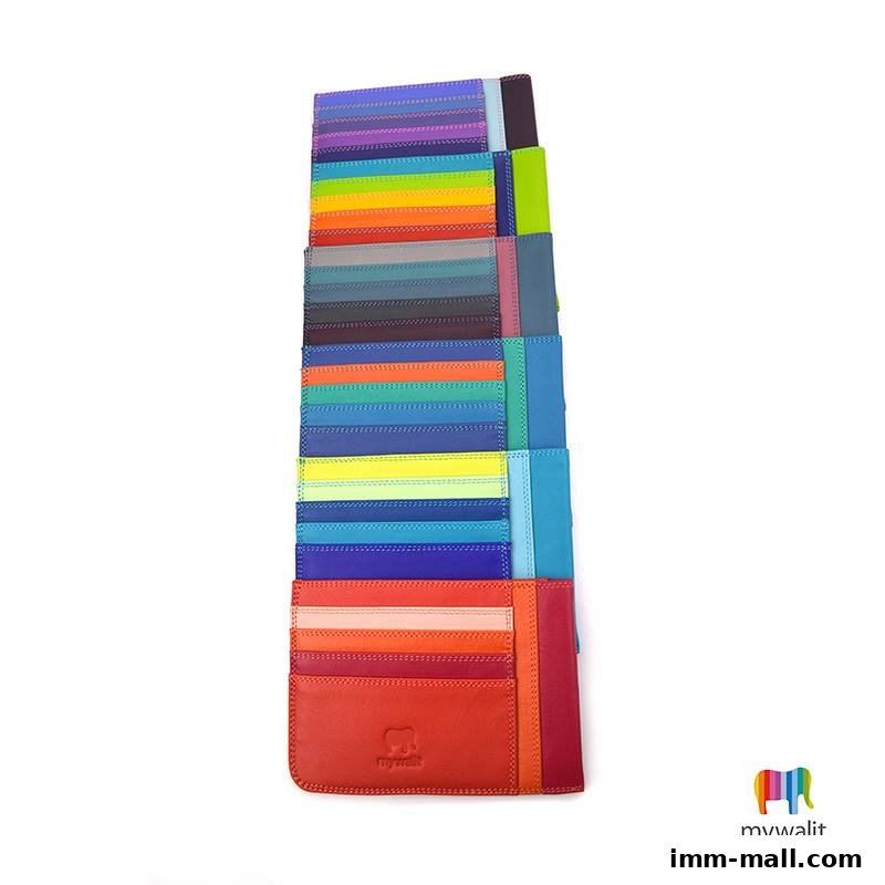A stack of colorful leather cardholders and wallets from Mywalit.
