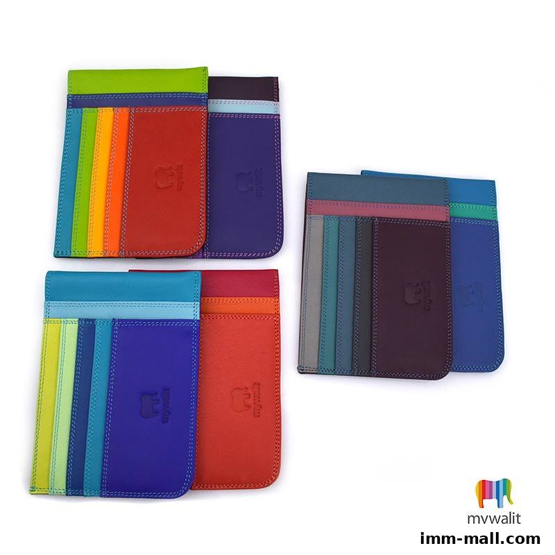A collection of colorful leather cardholders and wallets with the Mywalit logo.