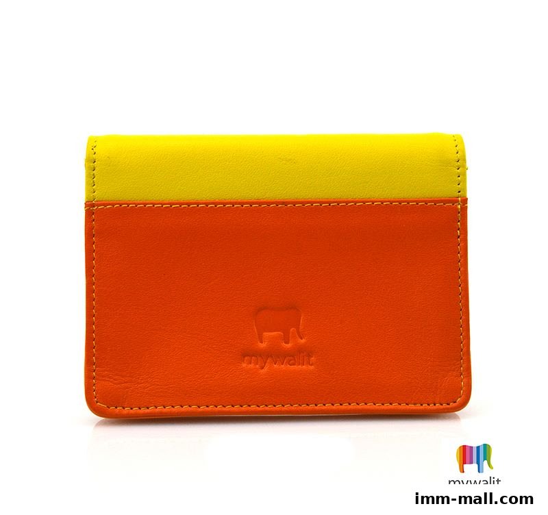 A vibrant orange and yellow leather wallet with an embossed elephant logo and brand name.
