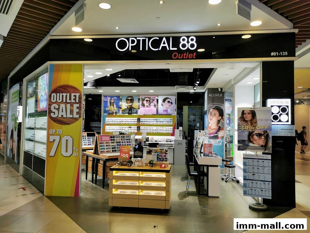 Optical 88 Outlet store with a large 'Outlet Sale Up To 70% Off' banner and displays of eyewear.