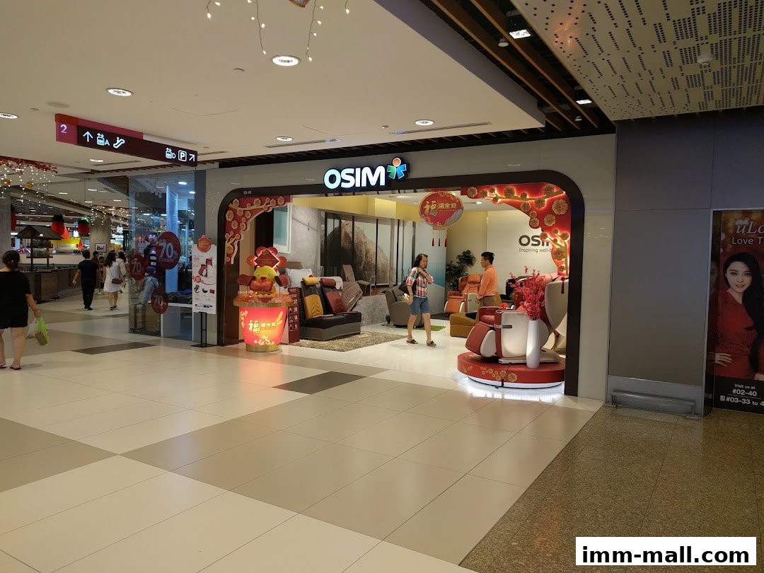 The OSIM shop entrance features massage chairs and festive decorations.