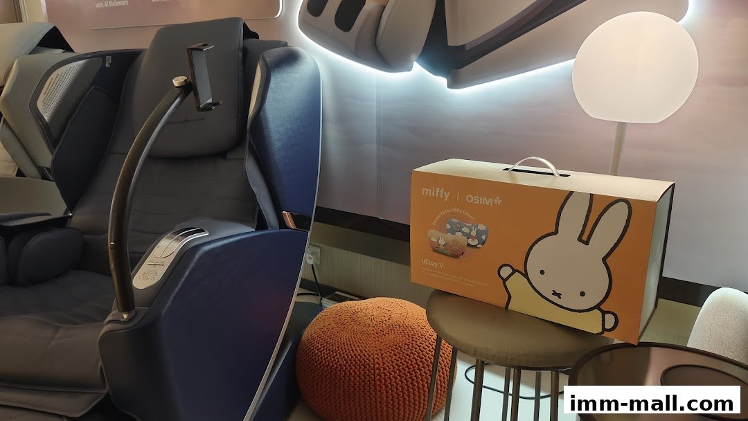 OSIM shop interior featuring a massage chair and a Miffy-themed product box.
