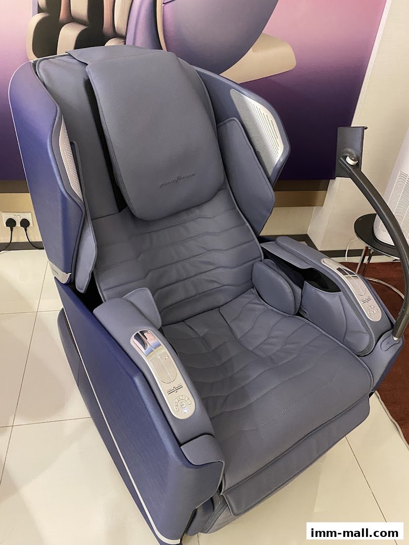 A luxurious blue massage chair with advanced controls and a sleek design.