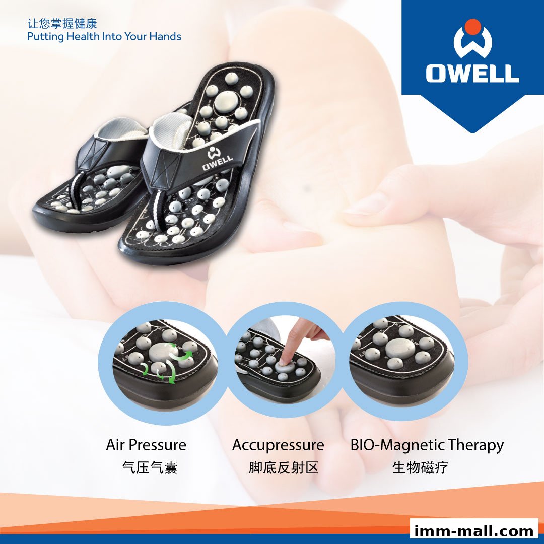 Owell brand massage slippers with features like air pressure, accupressure, and bio-magnetic therapy.