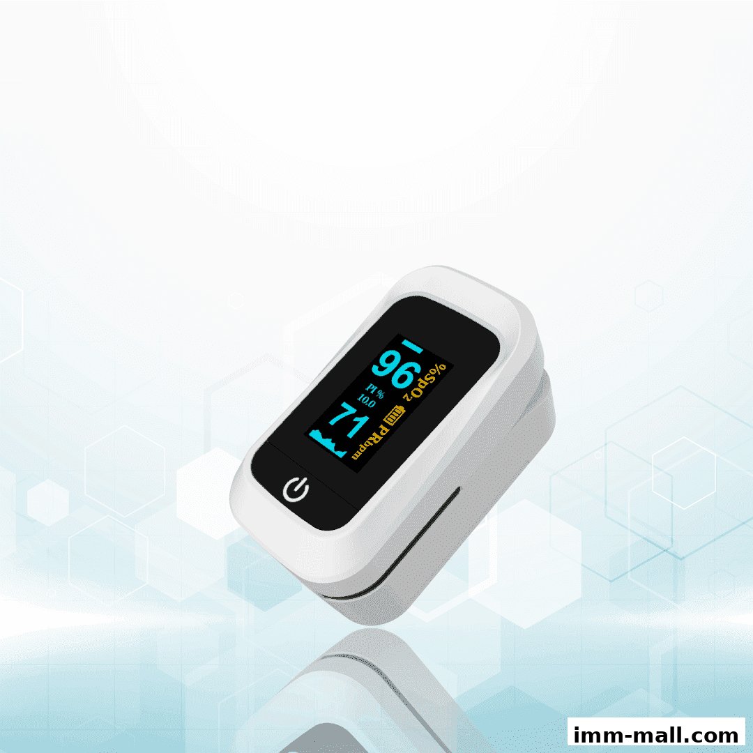 A white pulse oximeter displaying oxygen saturation and pulse rate on a light blue background.