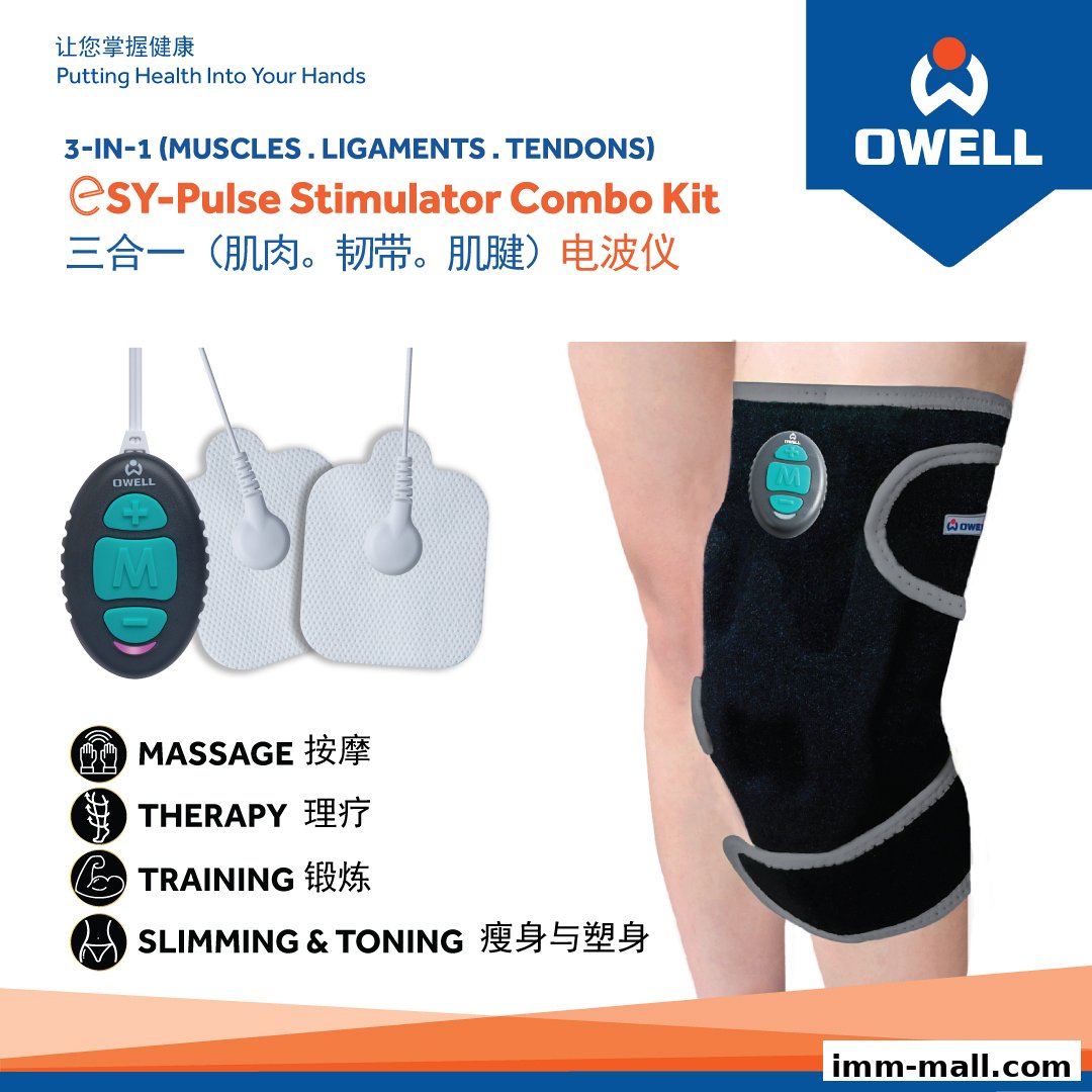 Owell Bodycare showcases a 3-in-1 EMS stimulator kit for muscles, ligaments, and tendons.