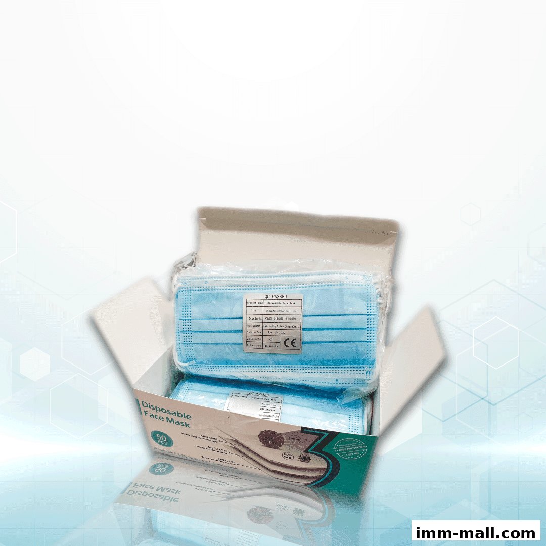 A box of disposable face masks with QC passed labels and CE certification.