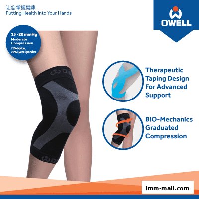 A person wearing a black and grey Owell knee support with text highlighting its features.