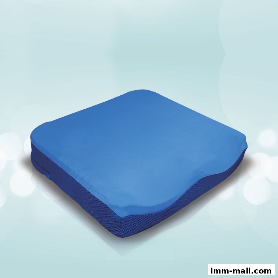 A blue orthopedic seat cushion with a mesh base on a light blue background.