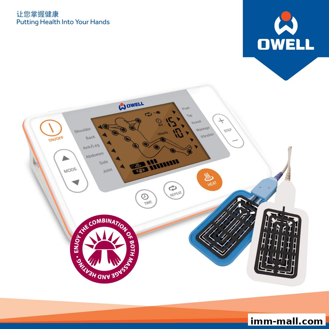 A white Owell body care massager with various modes and heat function, and two electrode pads.
