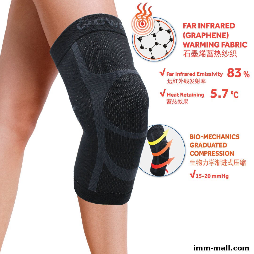 A person wearing a black knee support with information about its features.