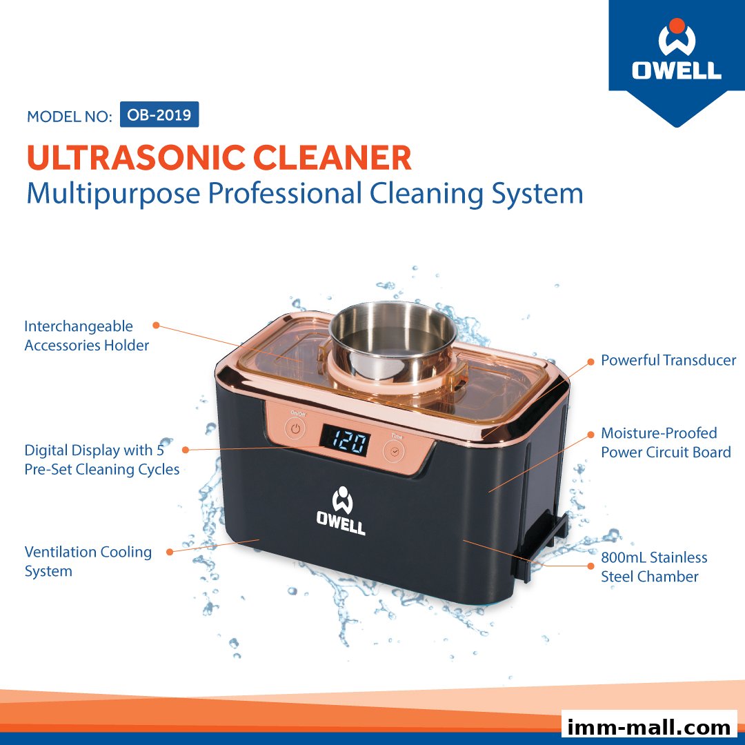 A black and rose gold ultrasonic cleaner with digital display and labeled features.