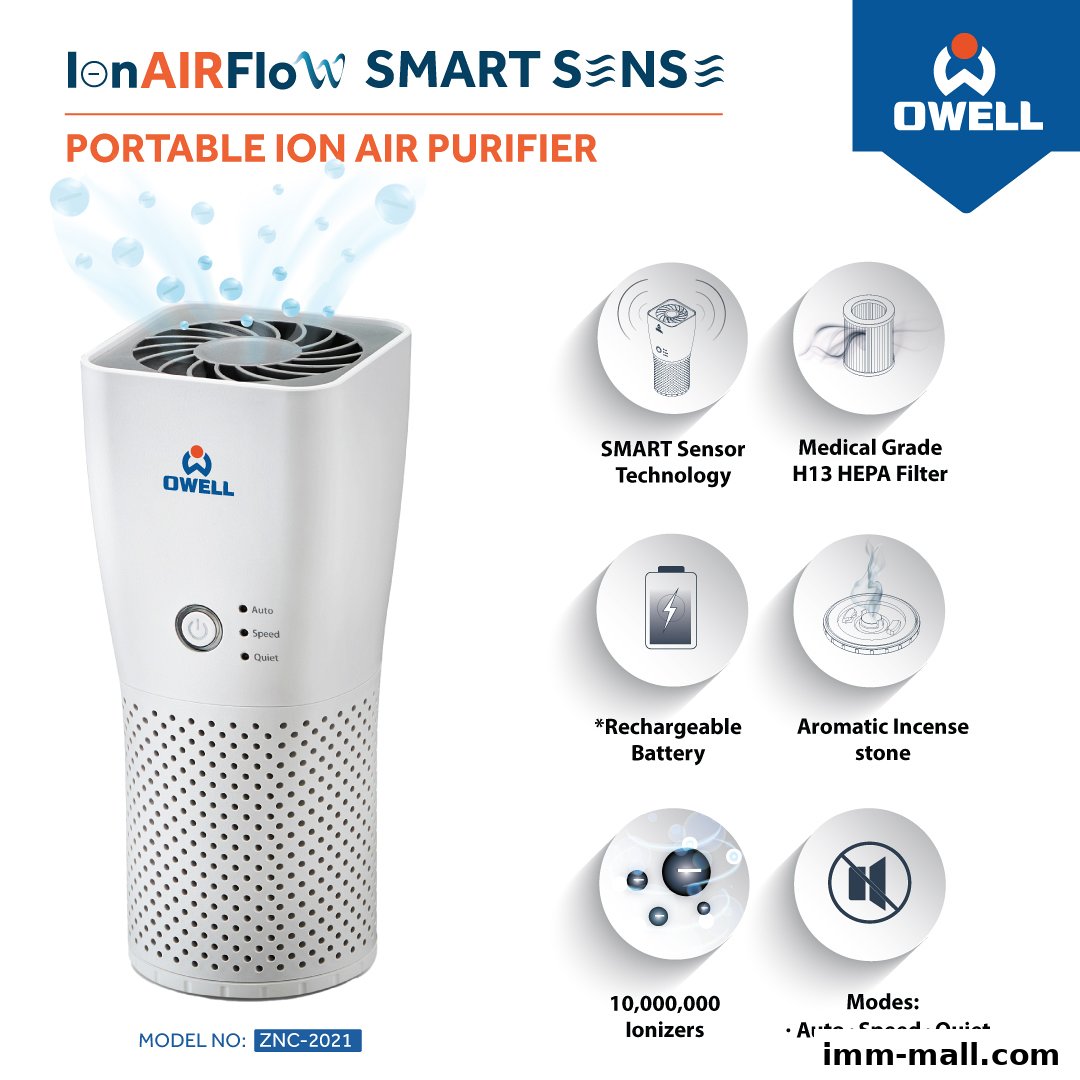 A white portable ion air purifier with features like smart sensor and HEPA filter.