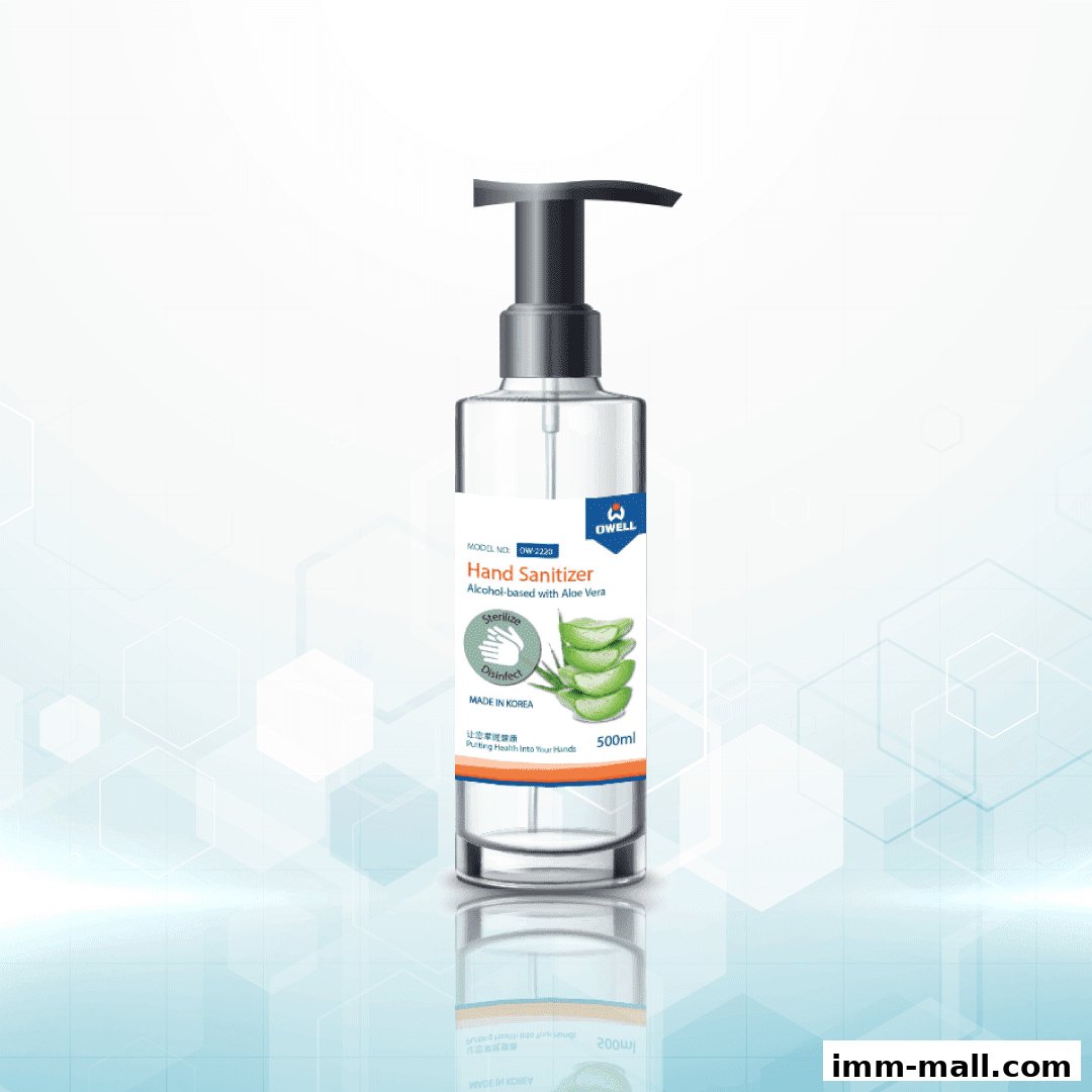 A bottle of Owell Hand Sanitizer with Aloe Vera, featuring a pump dispenser and clear liquid.