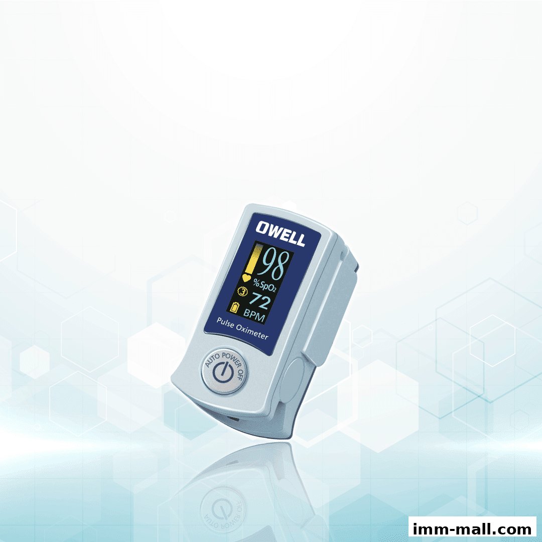 A digital pulse oximeter from Owell displays oxygen saturation and pulse rate.