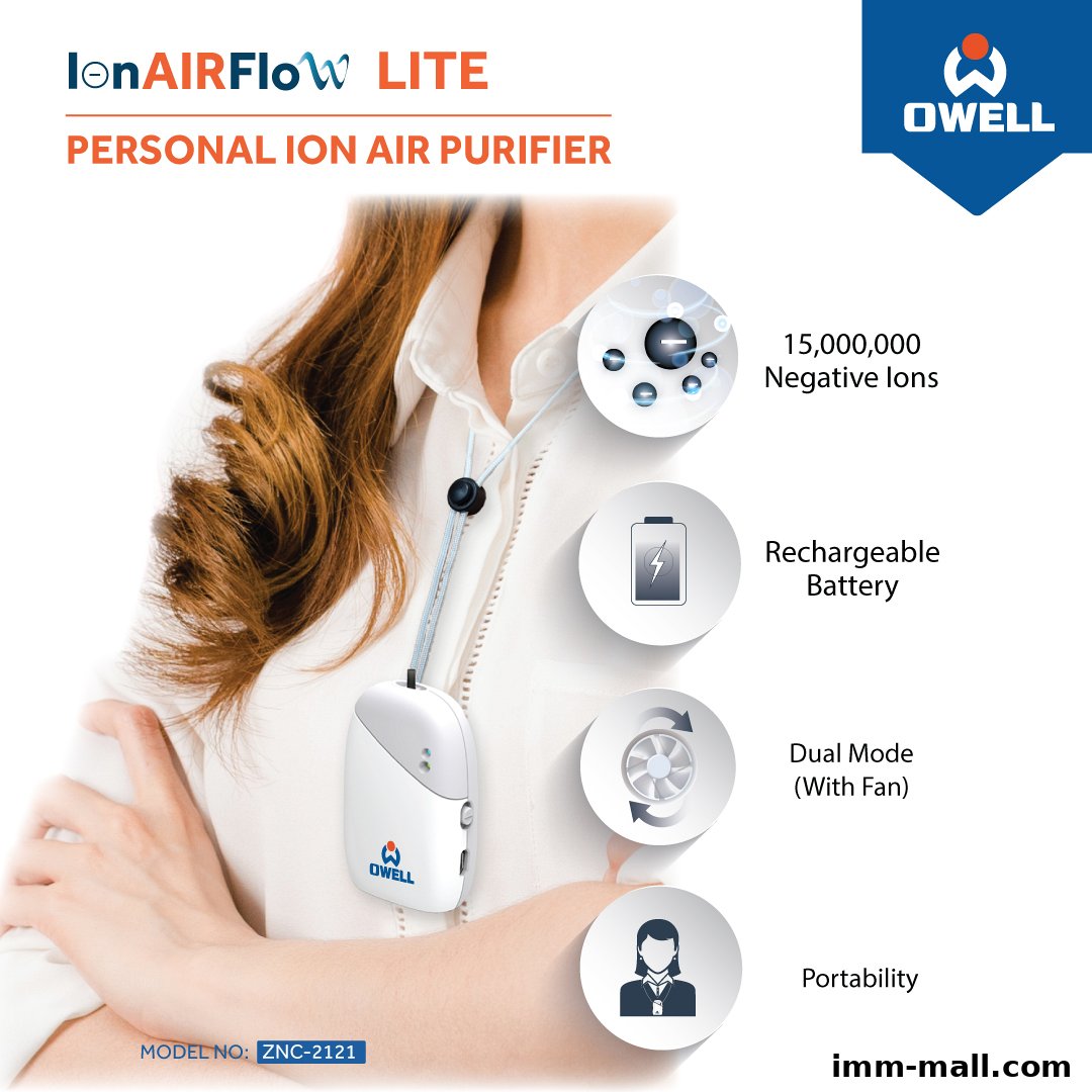 A person wearing a personal ion air purifier with features highlighted.