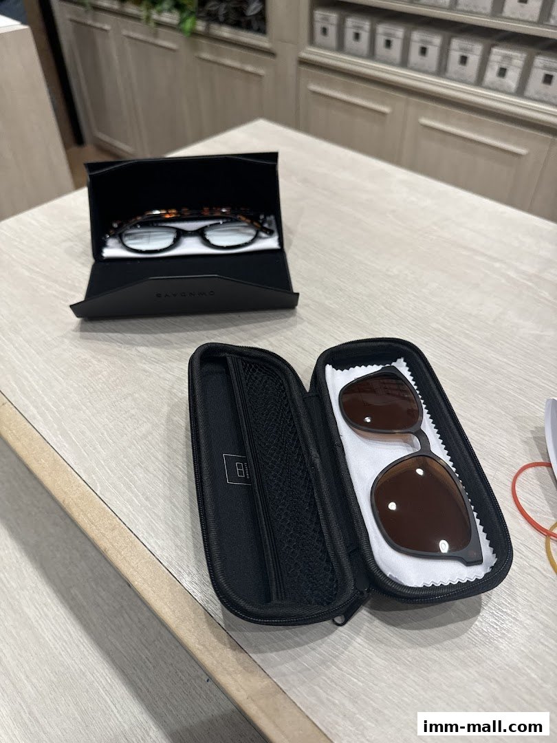 Two pairs of glasses, one in a black case and another with clip-on sunglasses.