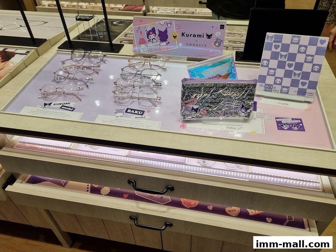 Display of Kuromi themed eyeglasses and accessories at OWNDAYS.