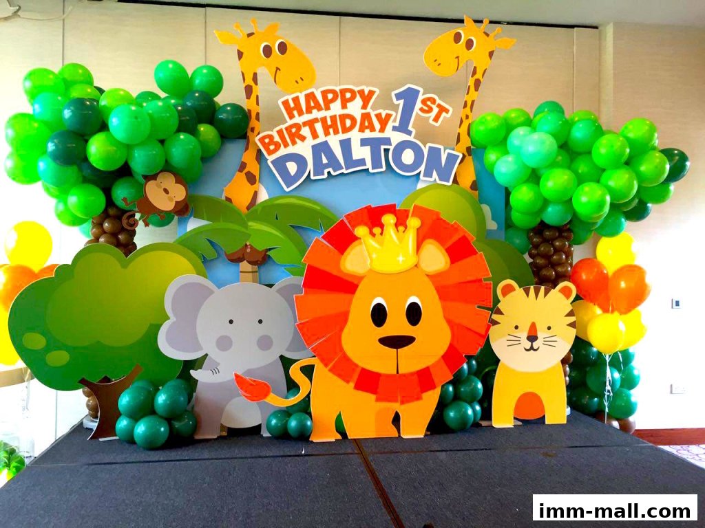 A jungle-themed birthday backdrop with balloons, cartoon animals, and a "Happy 1st Birthday Dalton" banner.