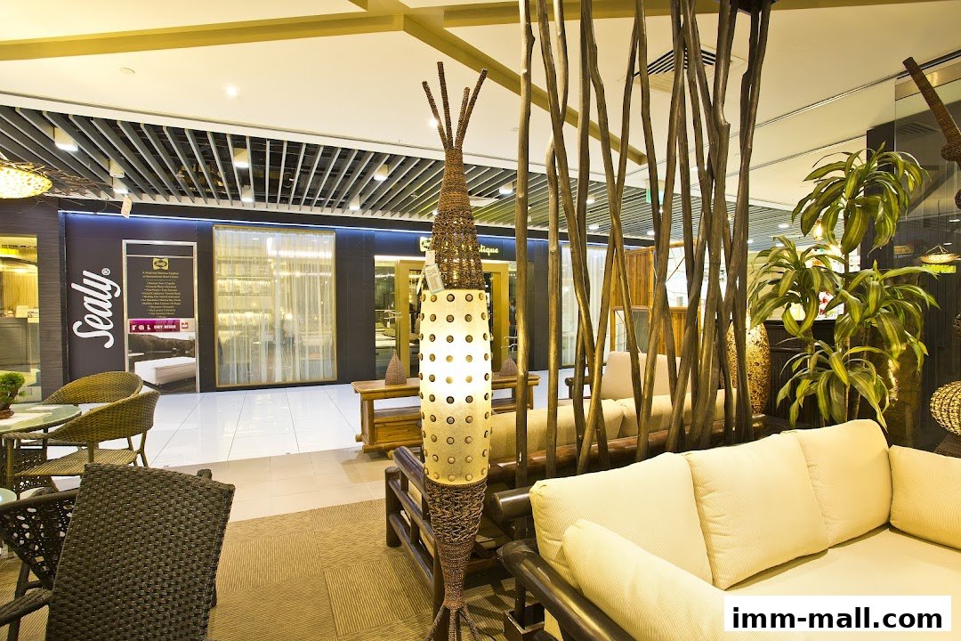 Interior view of Rattan Pacific shop showcasing rattan furniture, sofas, and decorative lighting.