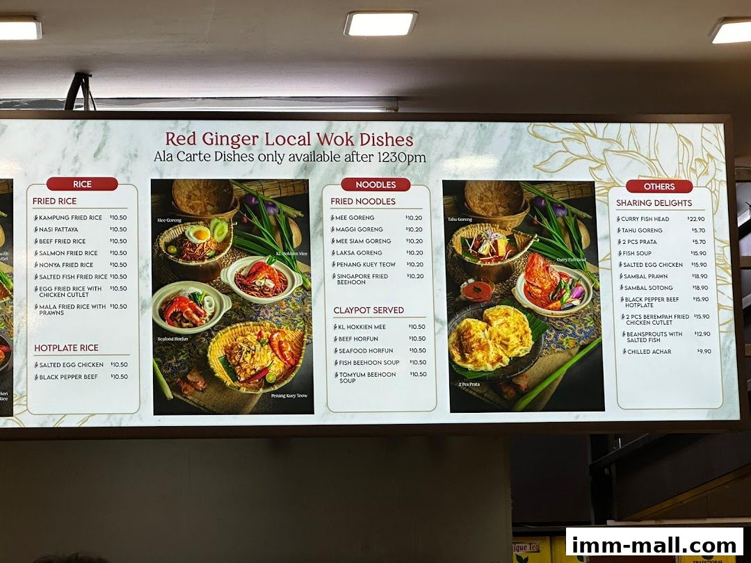 A menu board for Red Ginger Local Wok Dishes, featuring various rice, noodle, and sharing delight options.