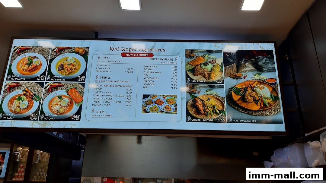 A menu board for Red Ginger featuring signature dishes like Laksa, Nasi Lemak, and Chicken Biryani.