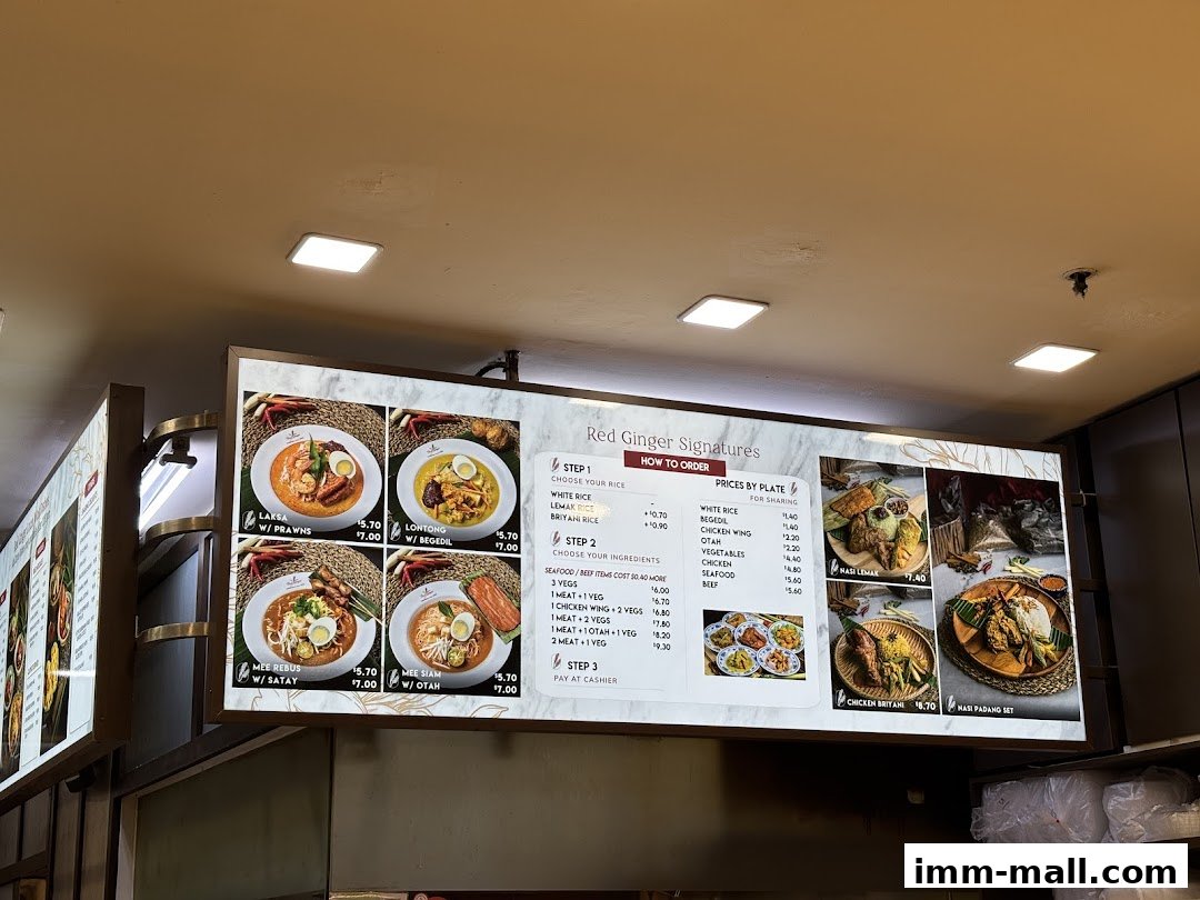 A menu board for Red Ginger restaurant displaying various signature dishes with prices.