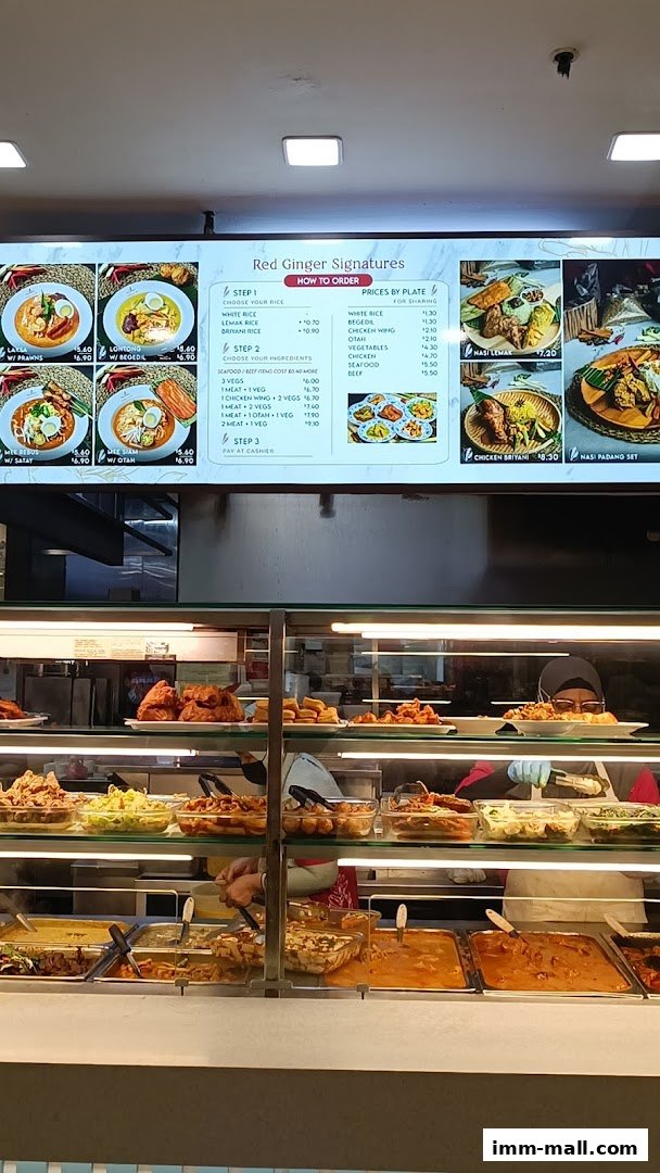 A menu board displays Red Ginger Signatures with food options and prices, alongside images of dishes.