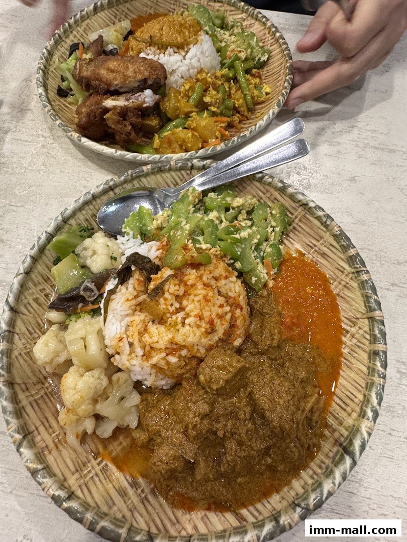 Two plates of delicious Southeast Asian cuisine, featuring rice, meat, and vegetables.