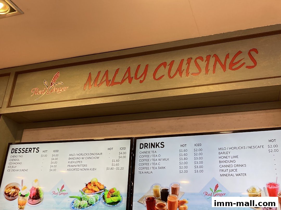 A menu board for Red Ginger, featuring Malay cuisines, desserts, and drinks.