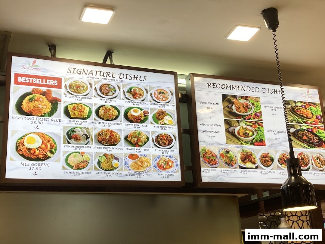 A menu board displaying signature and recommended dishes with prices at Red Ginger.