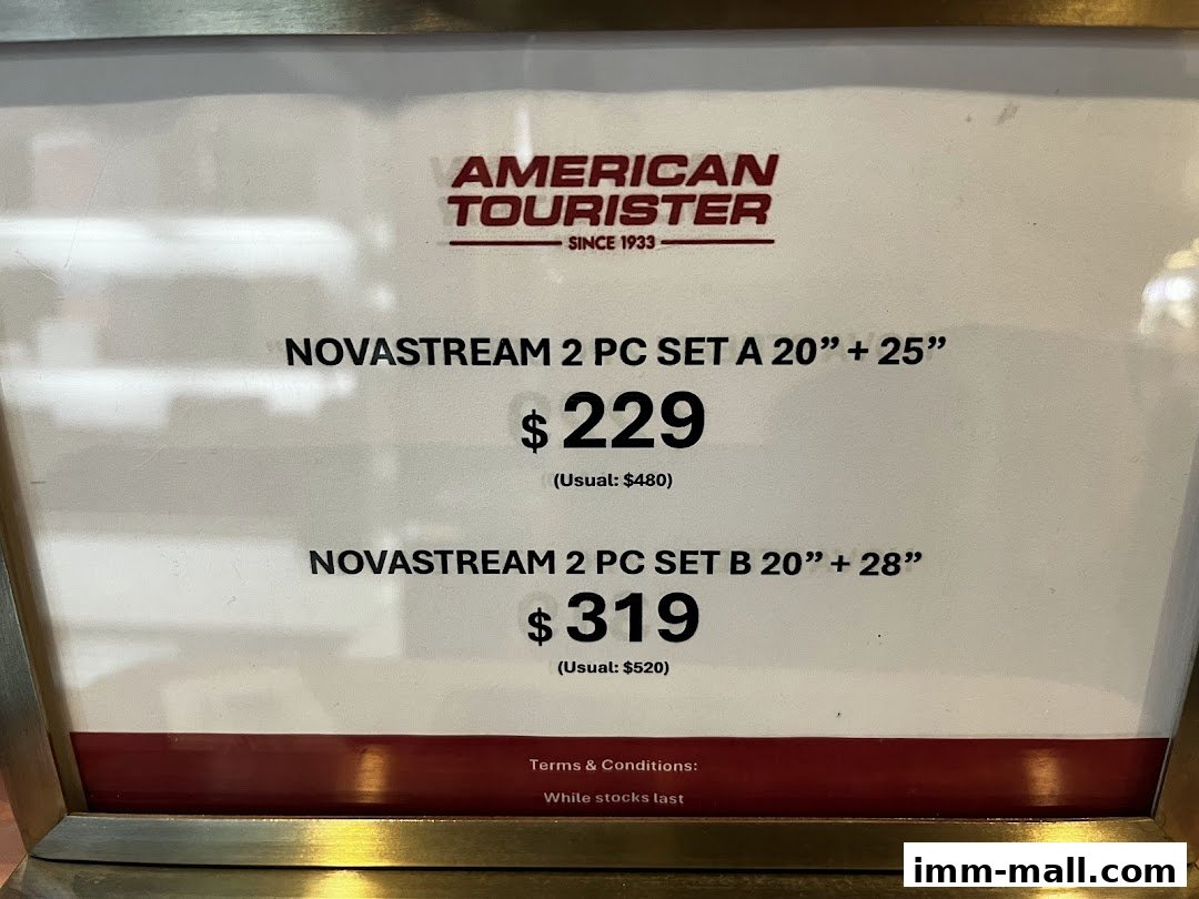 A price list for American Tourister Novastream luggage sets.