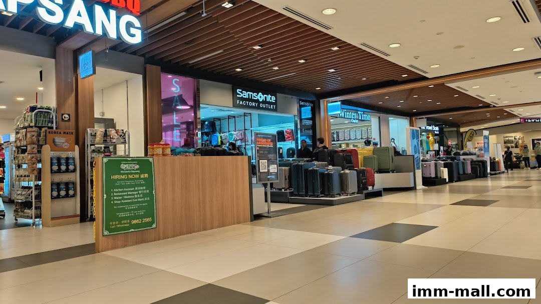 The Samsonite Factory Outlet shop front displays various luggage and bags, with a 'Winter Time Outlet' store next door.