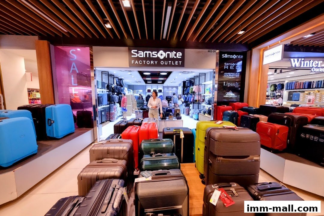 Samsonite Factory Outlet shop displaying a wide variety of luggage and travel bags.